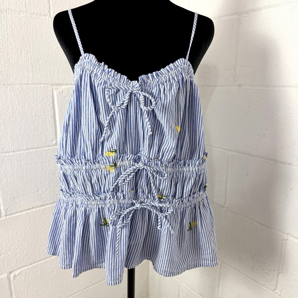Free Assembly Cami Pinstripe Embroidered Lemons Bows Ruffle Milkmaid Cottage XXL